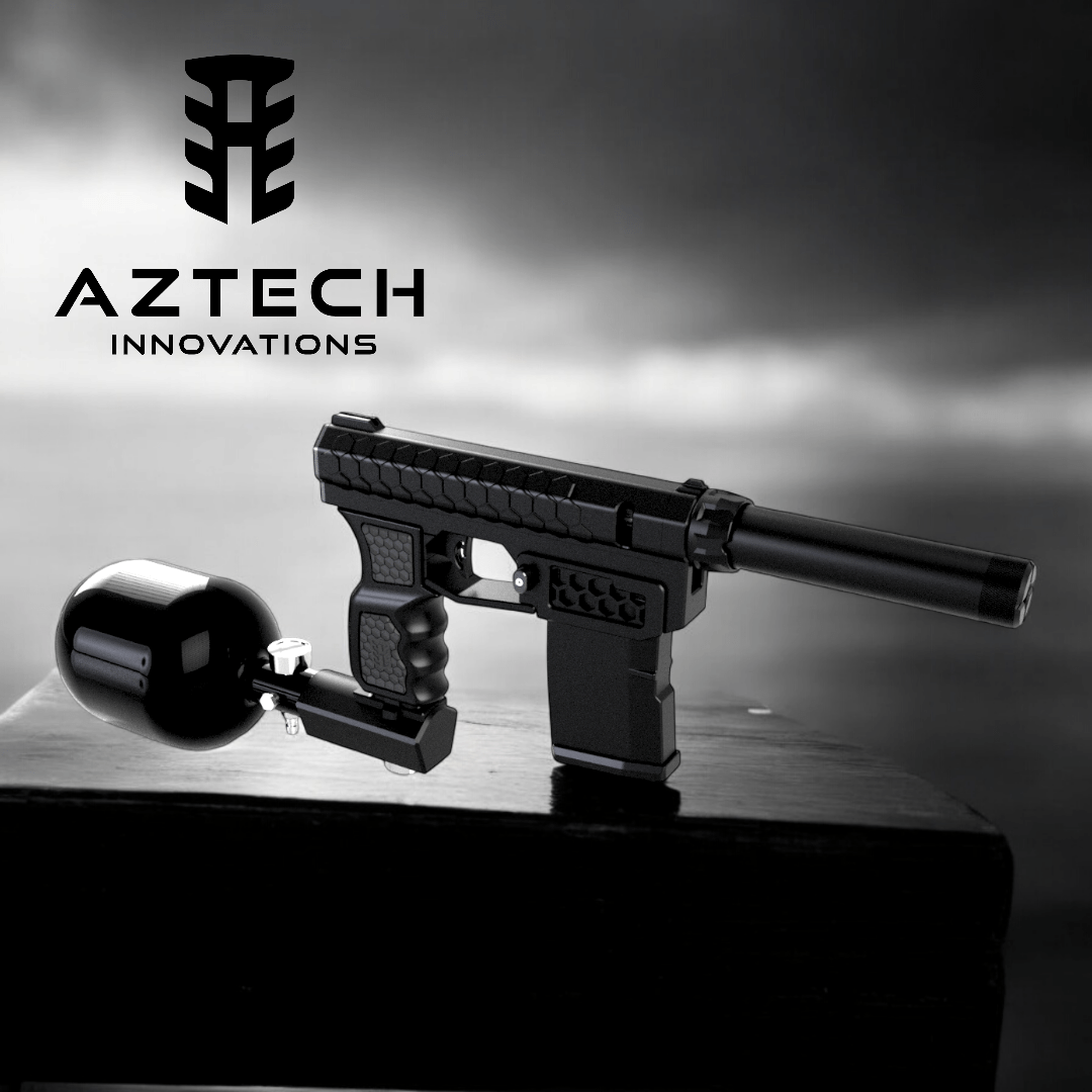 Aztech Innovations FusionX HPA Receiver Tank Reg model on a surface with a dark background.