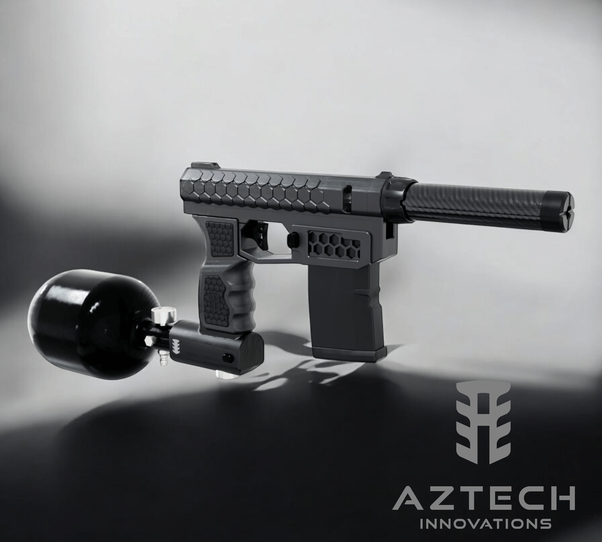 Aztech Innovations FusionX HPA Receiver with tank, featuring a durable polymer body and carbon fiber guard.