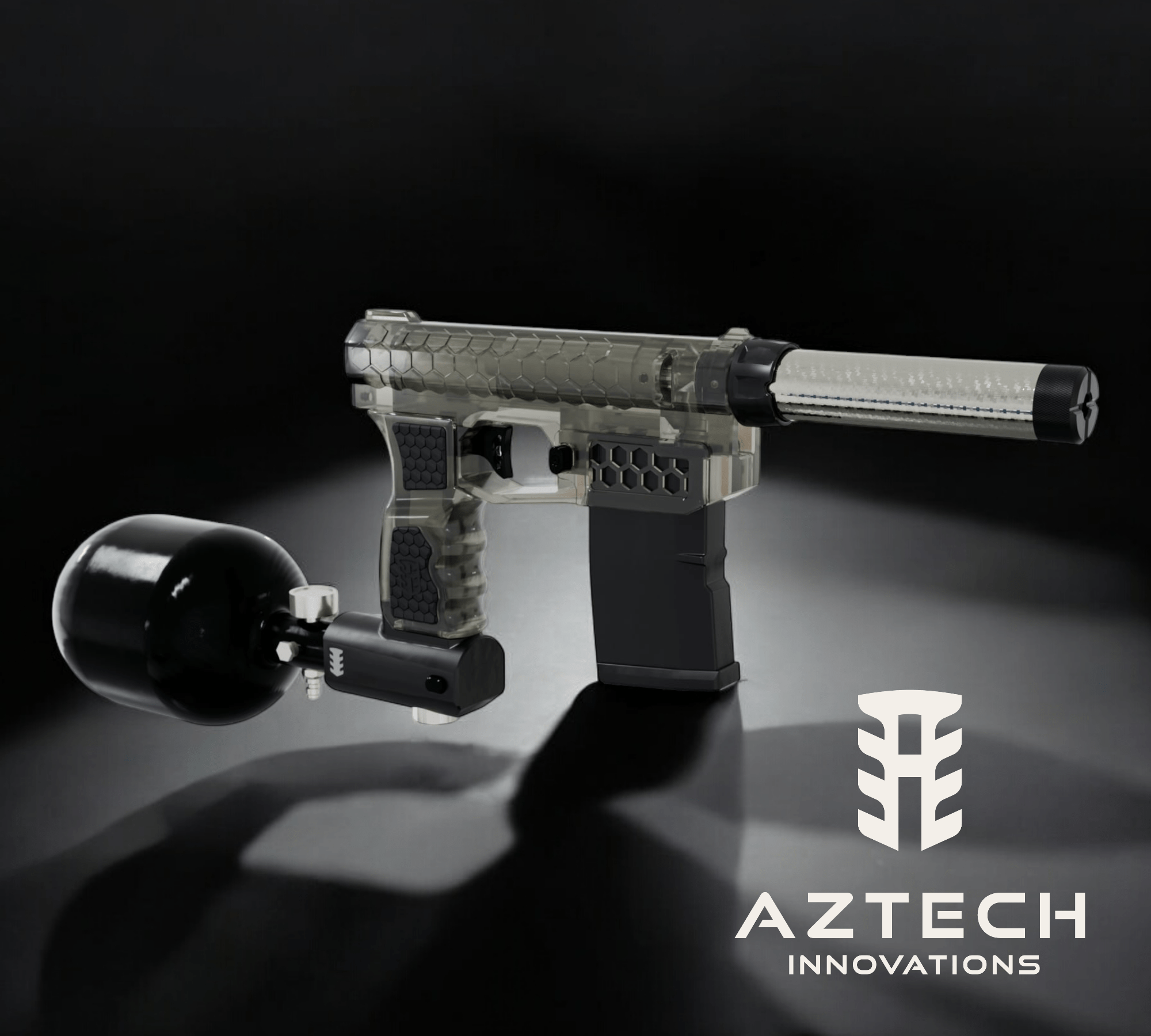 Aztech Innovations FusionX HPA Receiver with tank, showcasing a clear durable design and advanced features for competitive gameplay.