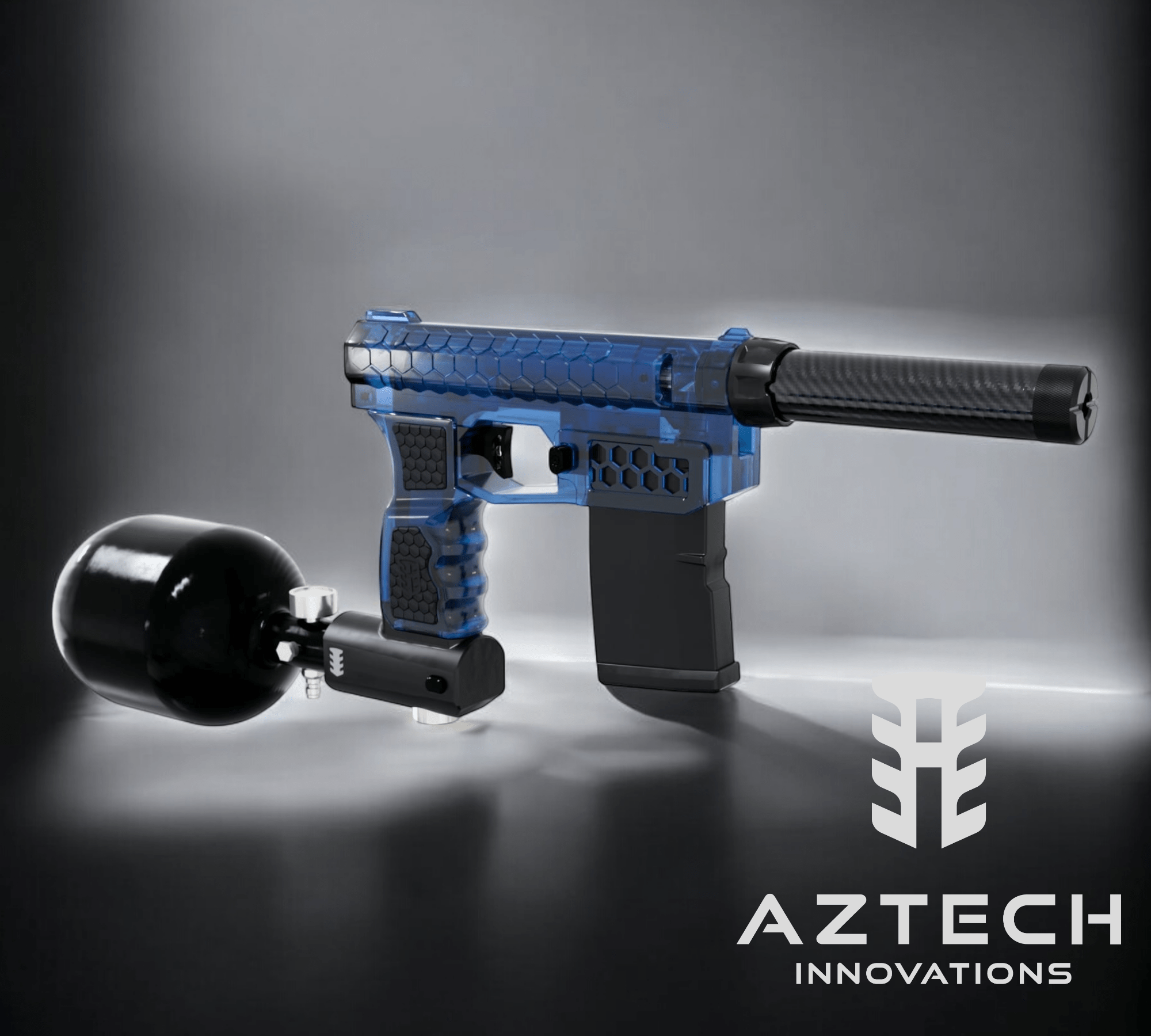 Aztech Innovations FusionX HPA Receiver Tank Reg model, featuring a blue polymer grip and sleek design.