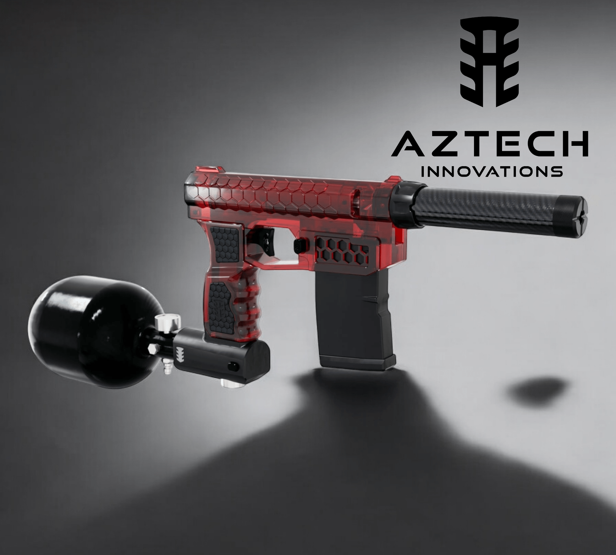 Aztech Innovations FusionX HPA Receiver in red with connected tank, showcasing lightweight design for competitive gameplay.