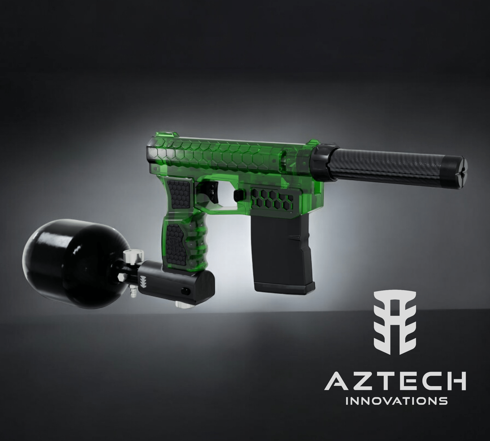 Aztech Innovations FusionX HPA Receiver in green with tank, showcasing lightweight design and durability for gel blaster enthusiasts.