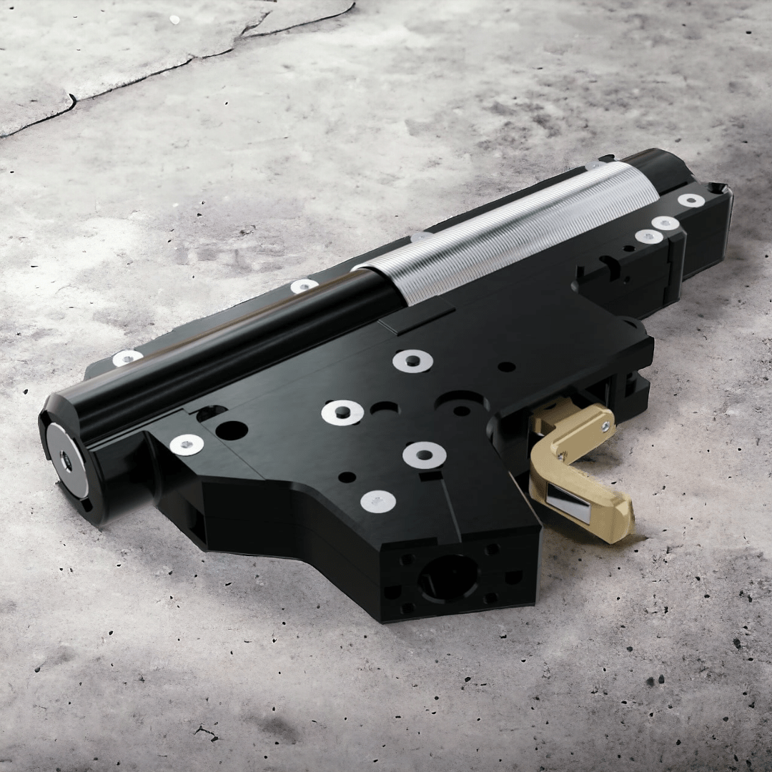 Aztech Scythe CNC V2 Split Gearbox with magnetic trigger design on a textured surface.