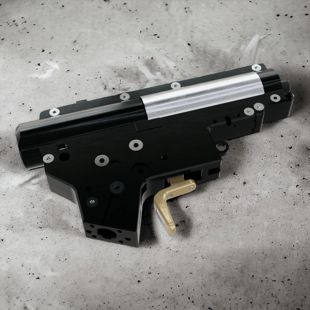Aztech Scythe CNC V2 Split Gearbox, featuring magnetic trigger and detachable upper unit for enhanced performance.