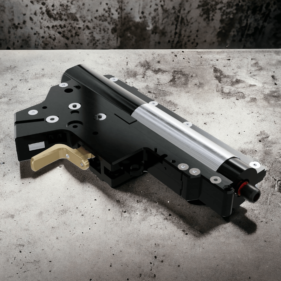 Aztech Scythe CNC V2 Split Gearbox featuring a magnetic trigger design for airsoft performance.