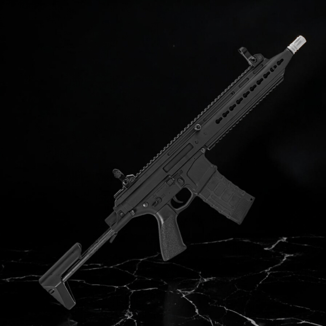 Classic Army SCARAB RAC AEG Gel Blaster showcased on a dark background, highlighting its sleek design and features.