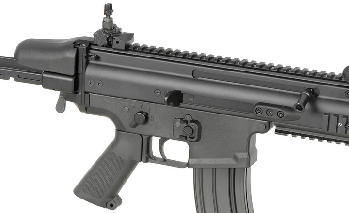 Close-up of the Cybergun FN Herstal SCAR-SC Compact AEG Gel Blaster showcasing detailed features and design.
