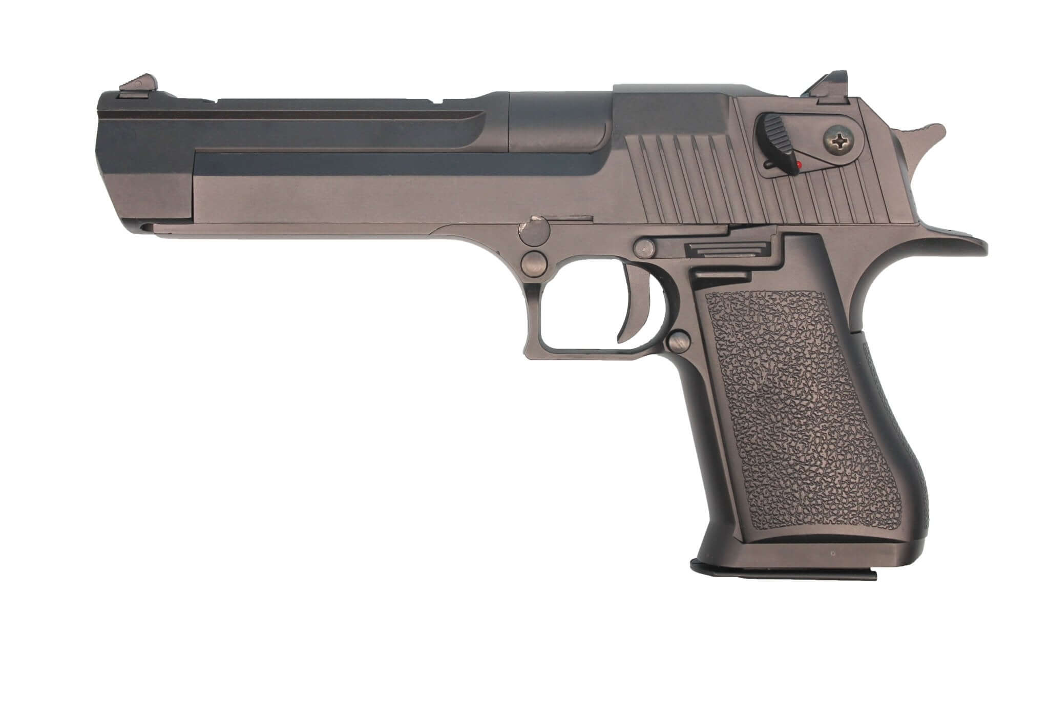 Double Bell Desert Eagle GBB Gel Blaster side view, 270mm length, 1124g weight, single-fire, green gas powered.
