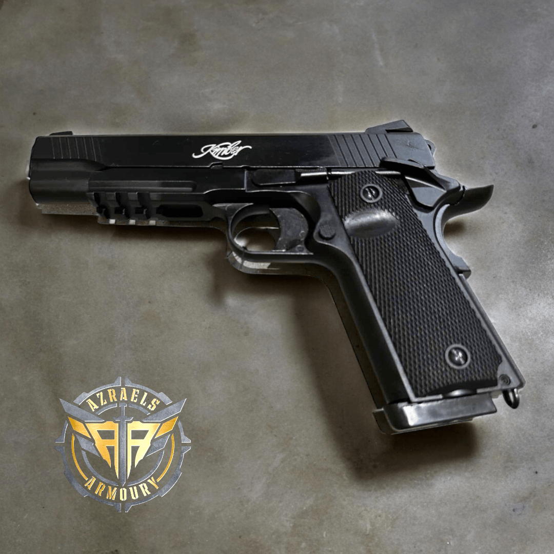 Double Bell Kimber 1911 Desert Warrior GBB Gel Blaster with full metal construction and ergonomic grip.