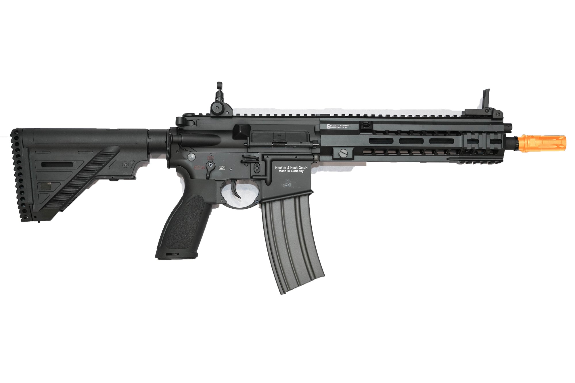 E&C HK416 MK15 AEG EC-116BL Gel Blaster with orange tip, showcasing full metal construction and adjustable features.