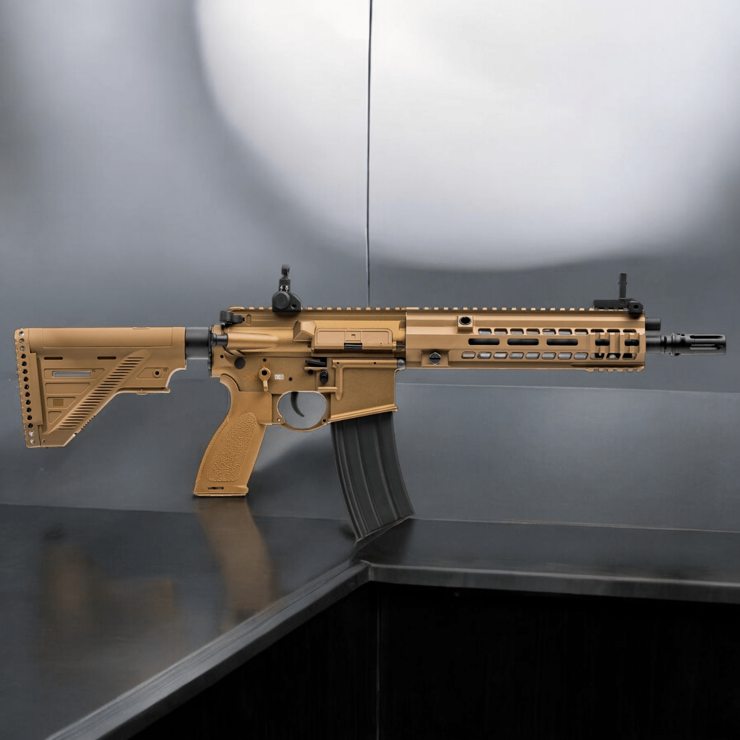 E&C HK416 MK15 AEG EC-116DY DE Gel Blaster with full metal construction and QD-System for easy spring replacement.