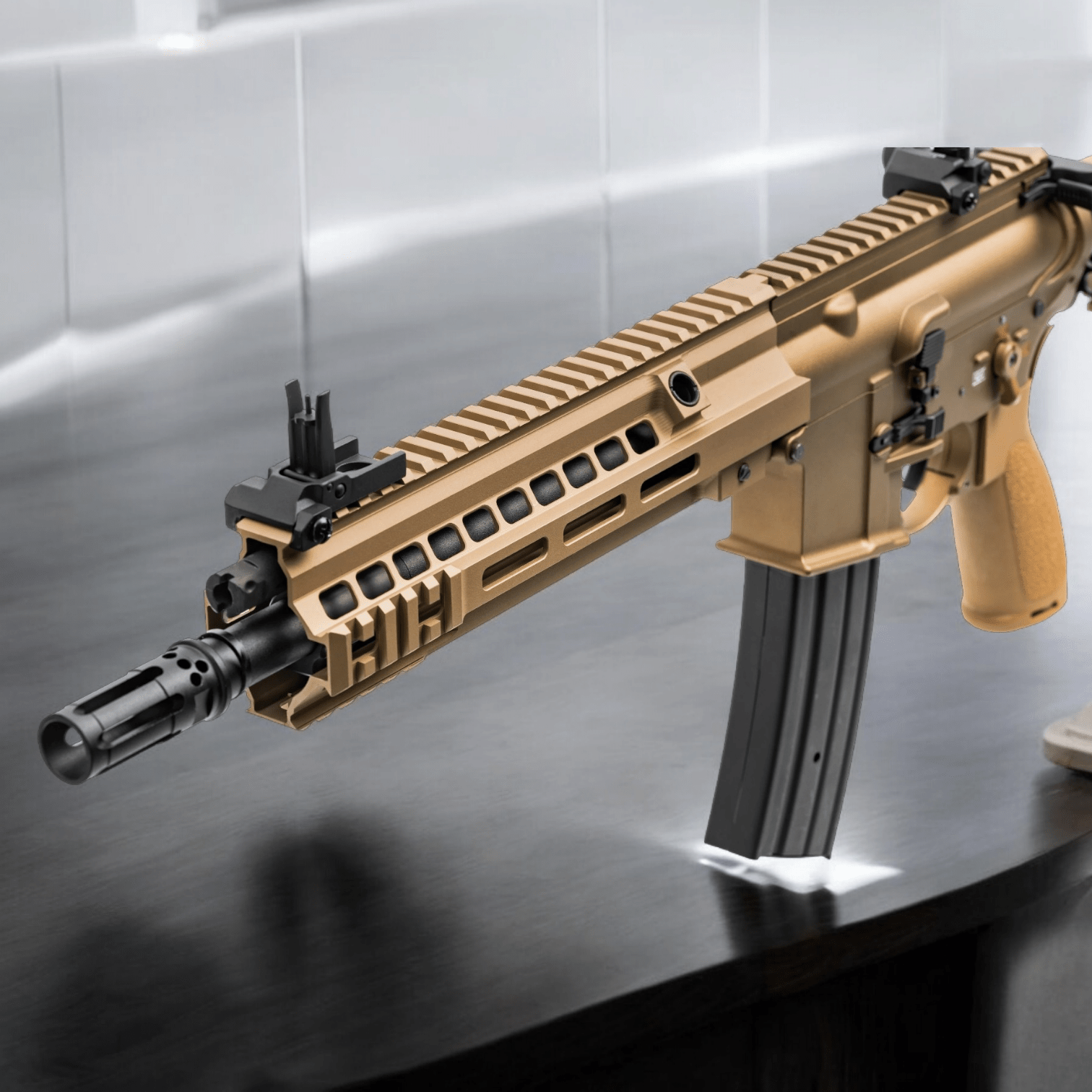 E&C HK416 MK15 AEG EC-116DY DE Gel Blaster with full metal construction on a sleek surface.