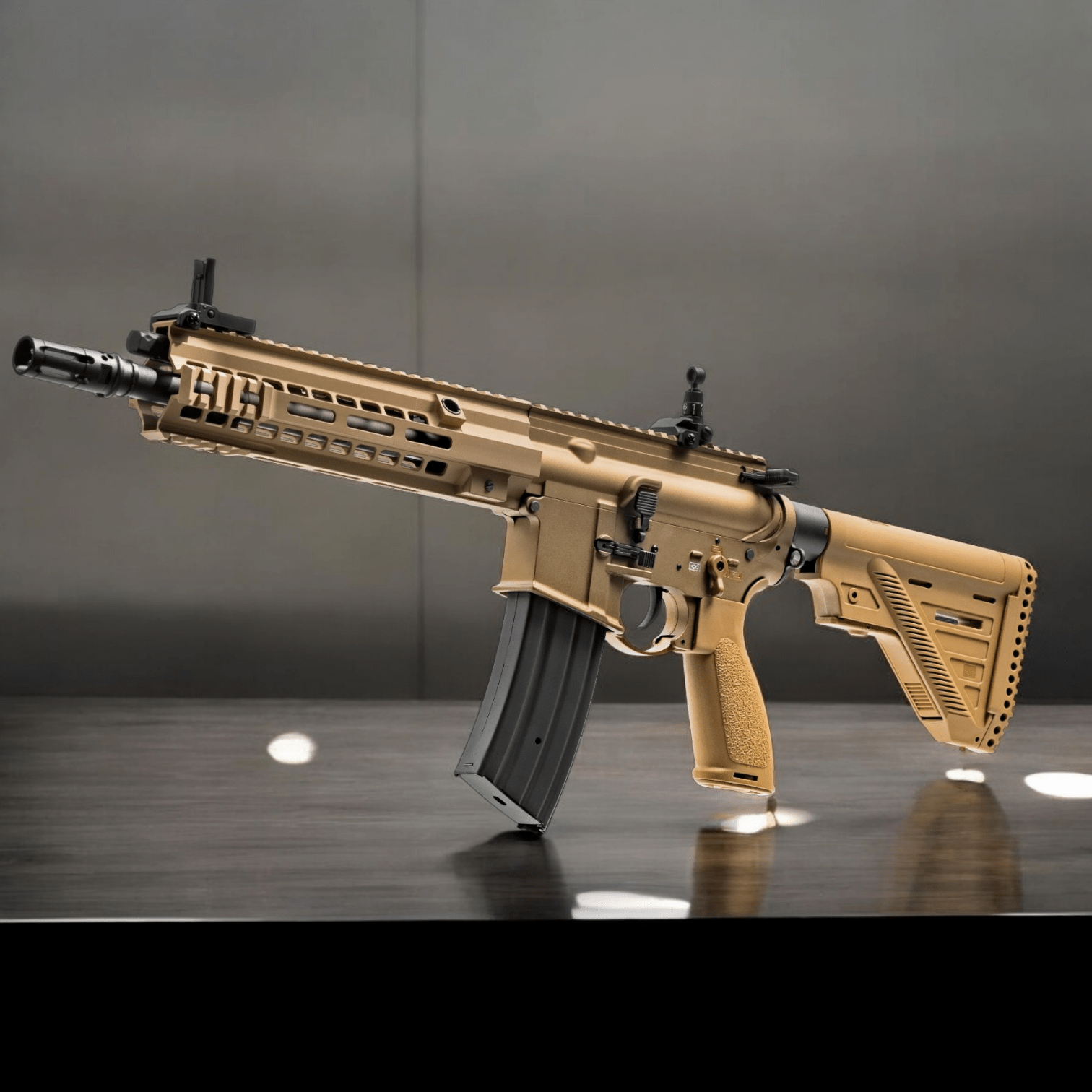 E&C HK416 MK15 AEG EC-116DY DE Gel Blaster in tan color on a display, showcasing its full metal construction and design.
