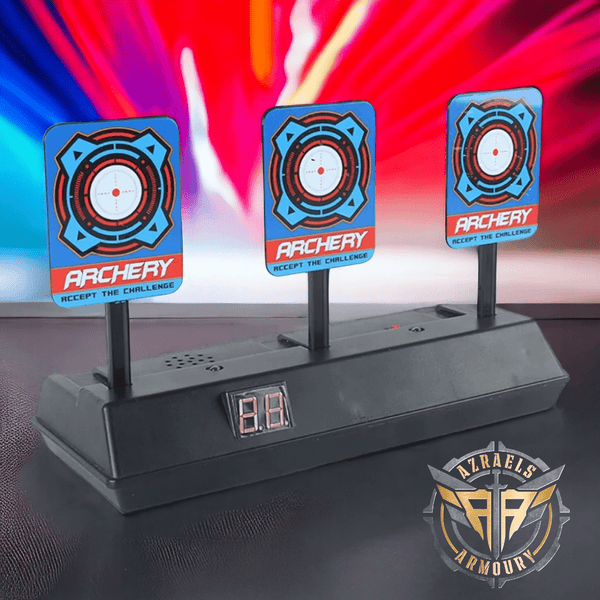 Electric scoring target range with sound effects for Gel Blaster and Nerf toys, automatically resets for continuous play.