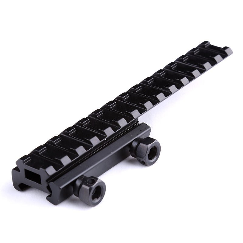 Extended rail riser mount base in black with quick detachable design for 20mm picatinny/Weaver rail installation.