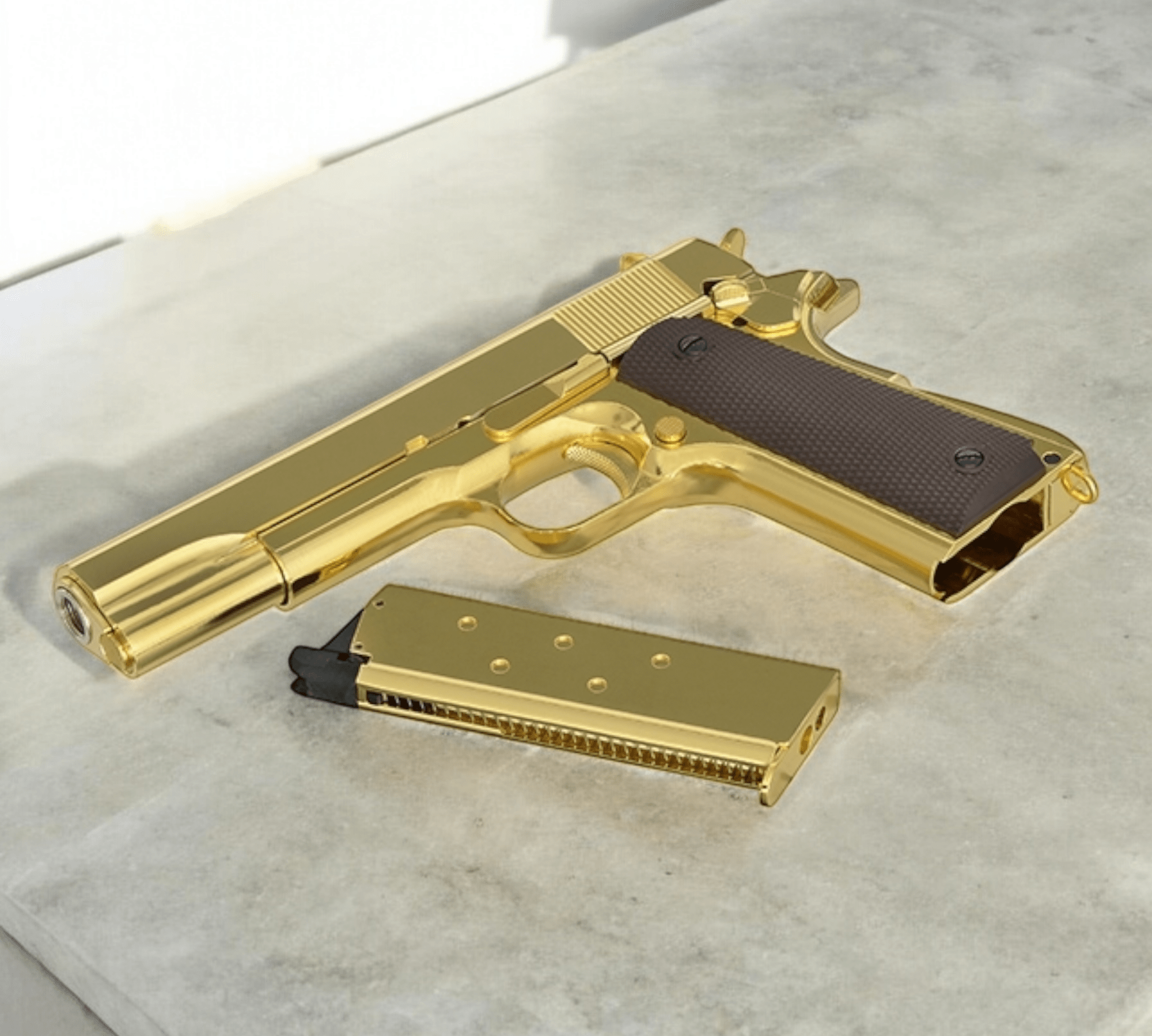 Golden Eagle 3305G Classic 1911 gold green gas pistol with magazine on marble surface.