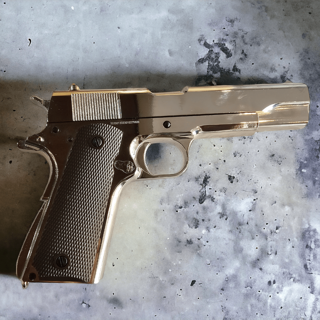 Golden Eagle 3305SV Classic 1911 Green Gas Pistol in polished silver finish on textured background.
