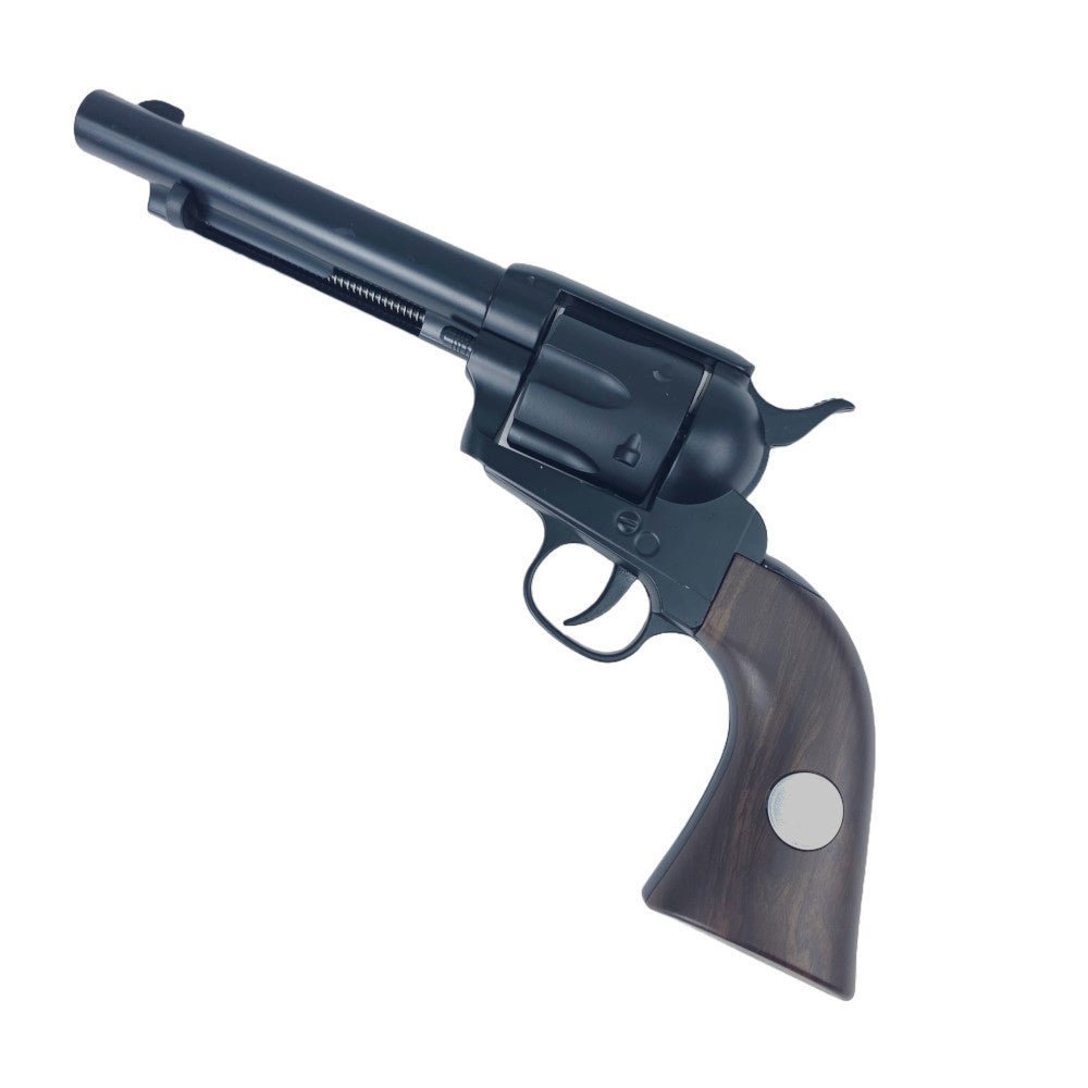 KELe Colt 1873 Peacemaker manual revolver in black with wooden grip, showcasing classic western firearm design.