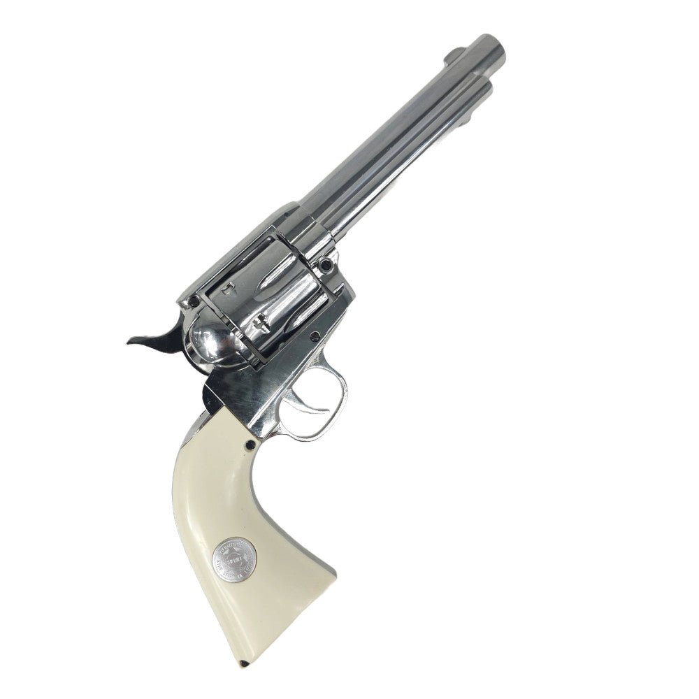 Colt 1873 Peacemaker revolver with silver finish and ivory grip, a classic single-action handgun.