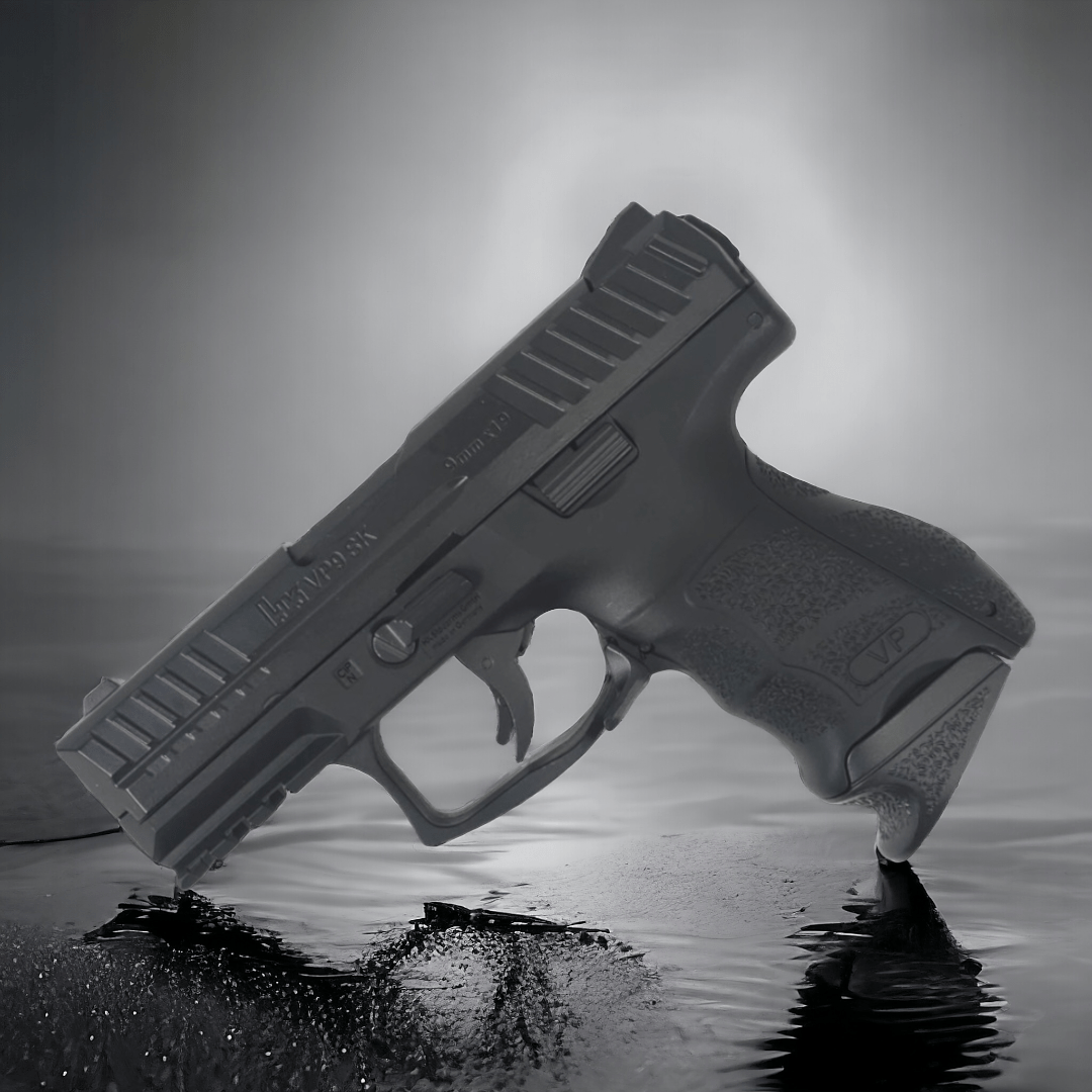Black KELe HK VP9 SK Manual Springer Gel Blaster replica on reflective surface, showcasing detailed design and grip.