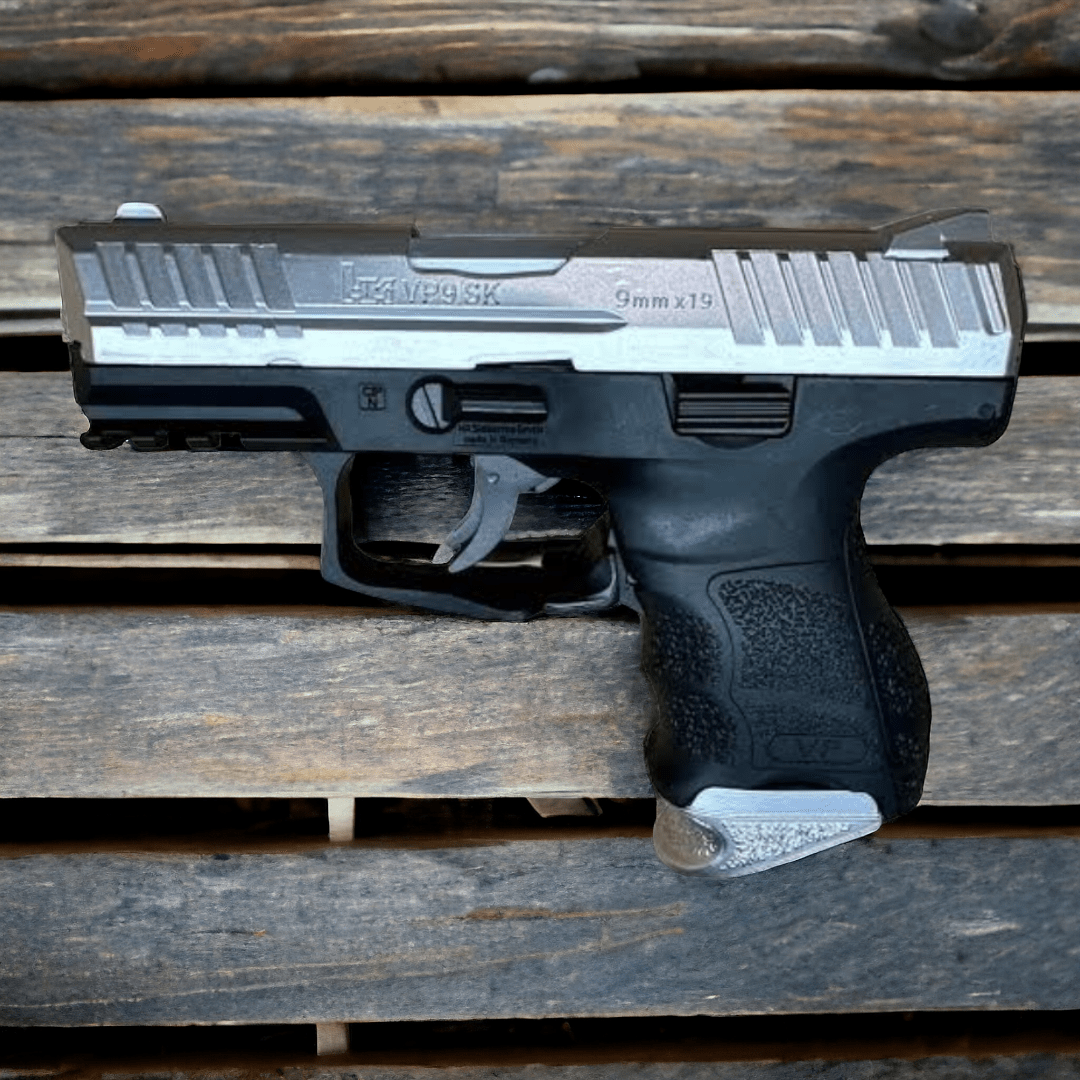 KELe HK VP9 SK Manual Springer Gel Blaster in black on wooden background, showcasing authentic design and details.