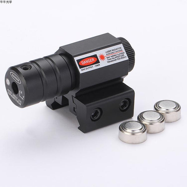 Red laser sight with Picatinny mount and battery pack for gel blasters and rifles.