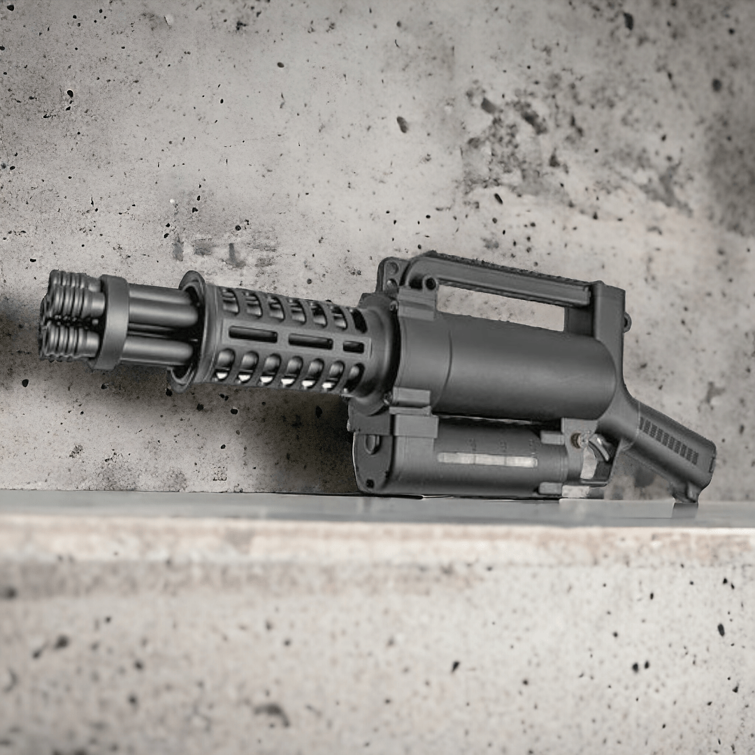 M134 Mini Vulcan Rotating Gatling Gel Blaster on a shelf, showcasing its robust design and lightweight nylon fiber construction.