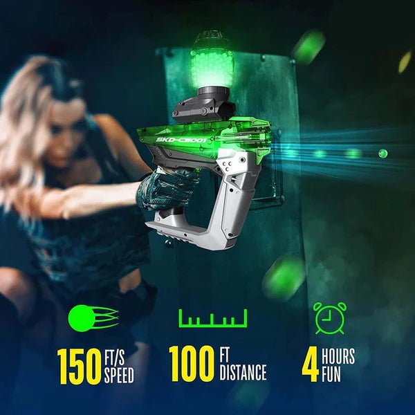 SKD CS-001S Tracer Gel Blaster with 150 ft/s speed, 100 ft distance, and 4 hours of fun in a dynamic gaming setup.