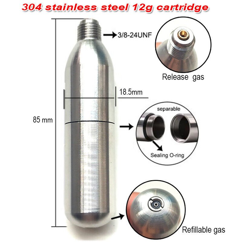 Stainless steel 12g refillable CO2 cartridge with 3/8-24UNF thread, convenient and durable for various gas fillings.