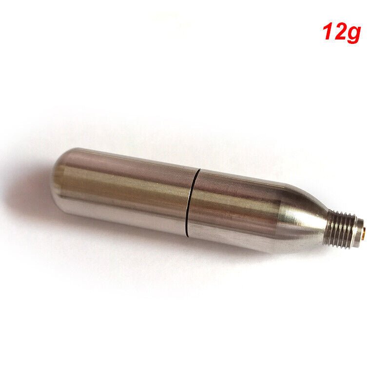 Stainless steel 12g refillable CO2 cartridge for high capacity gas filling, durable and convenient design.