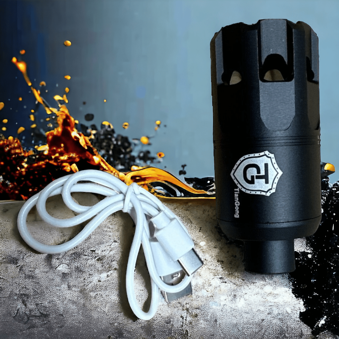 14mm multi-colour flame effect suppressor unit with Micro-USB charging cable on a textured background.