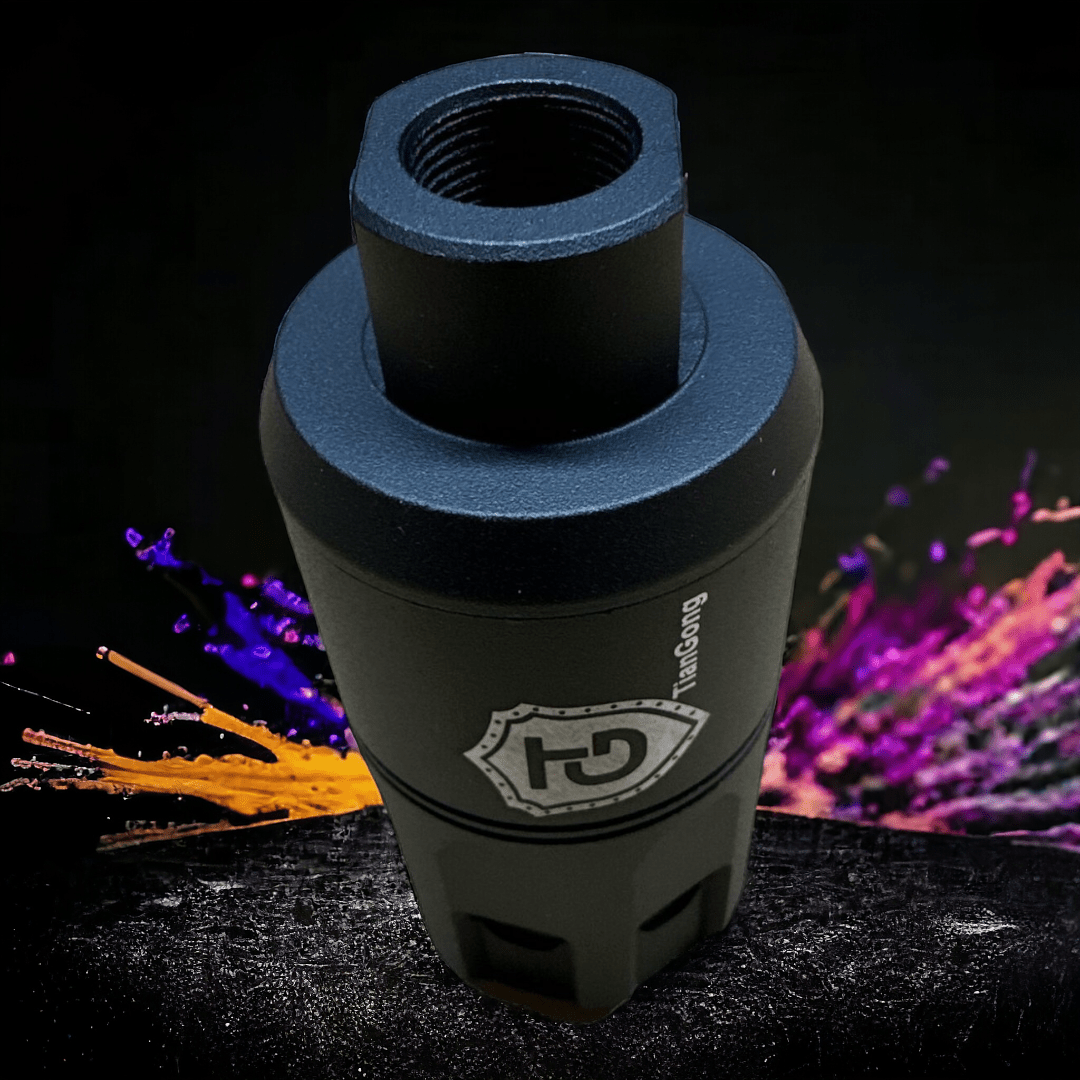 14mm suppressor unit with multi-colour flame effect for pistols and gel blasters.