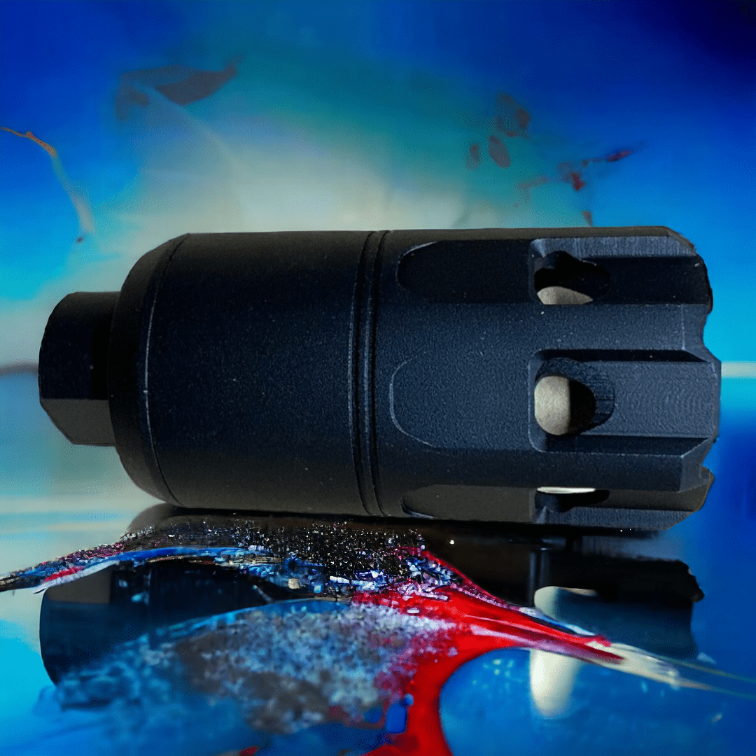 14mm Suppressor unit with multi-color flame effect and Micro-USB charging cable on a colorful background.