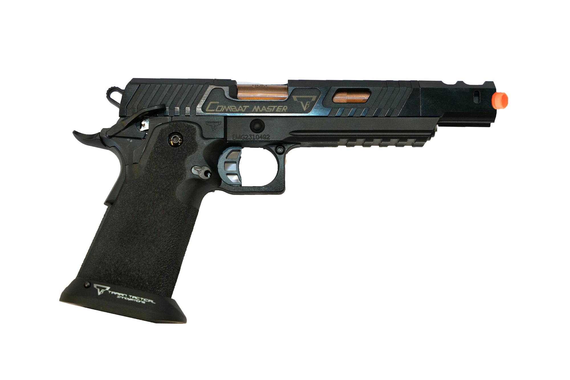 TTI EMG 2011 Combat Master Alpha GBB Gel Blaster Replica in black with orange tip, featuring CNC machined details.