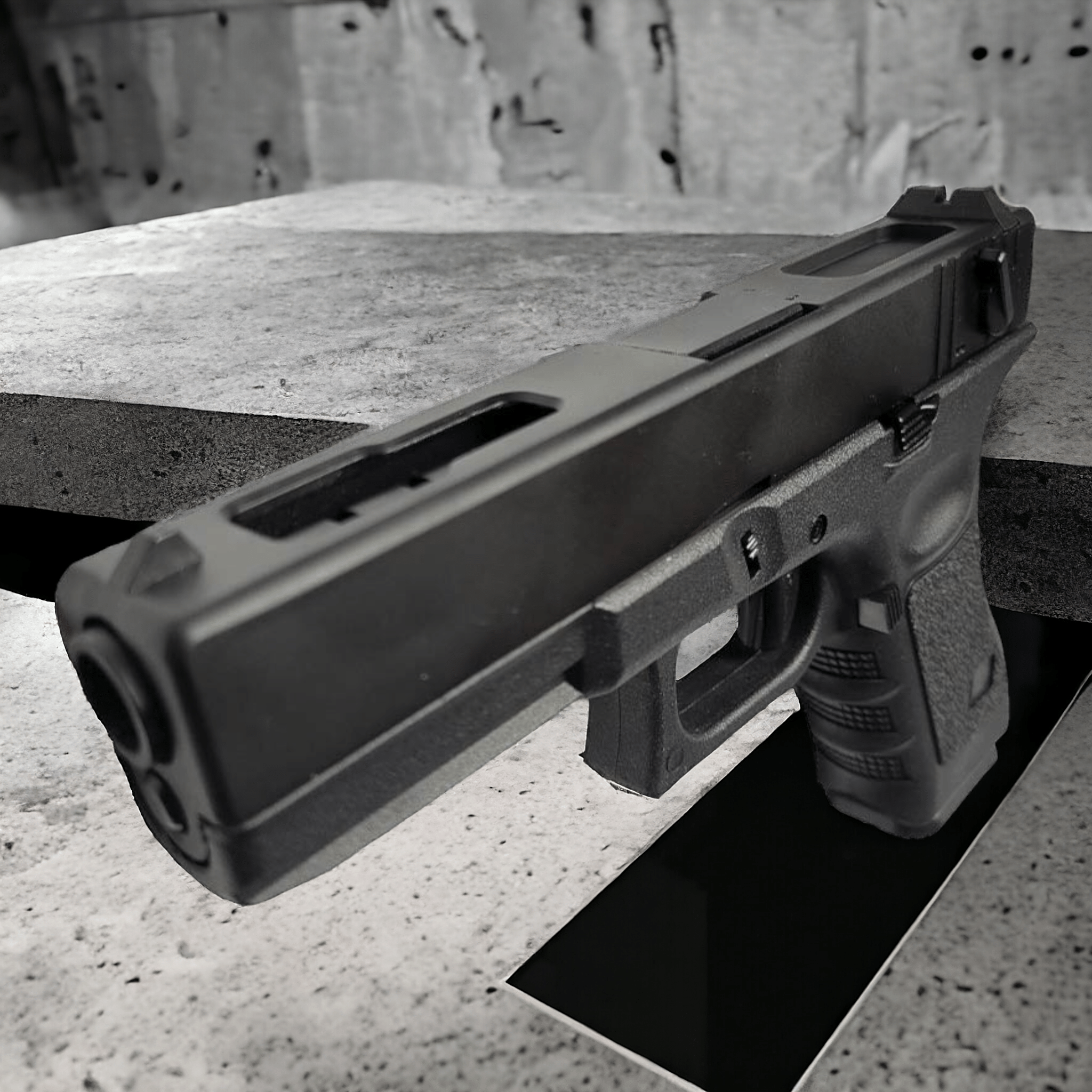 WE Tech G18C Full Auto Gel Blaster Pistol on a concrete surface, showcasing its sleek black design.