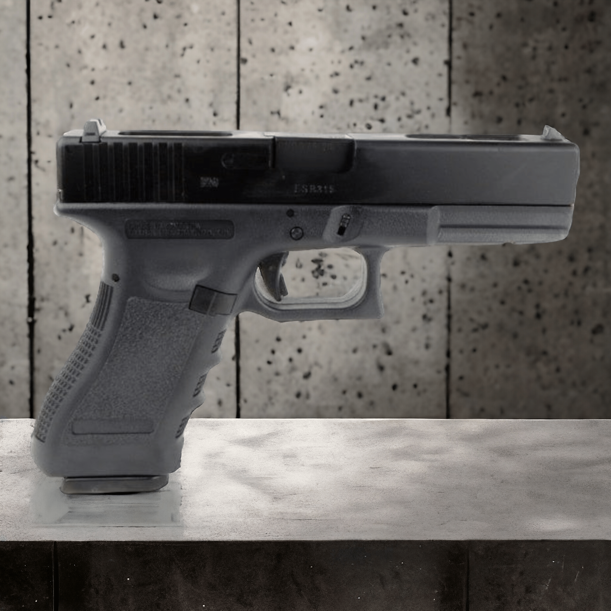 WE Tech G18C Gas Blow Back Full Auto Gel Blaster Pistol in black on a textured surface.