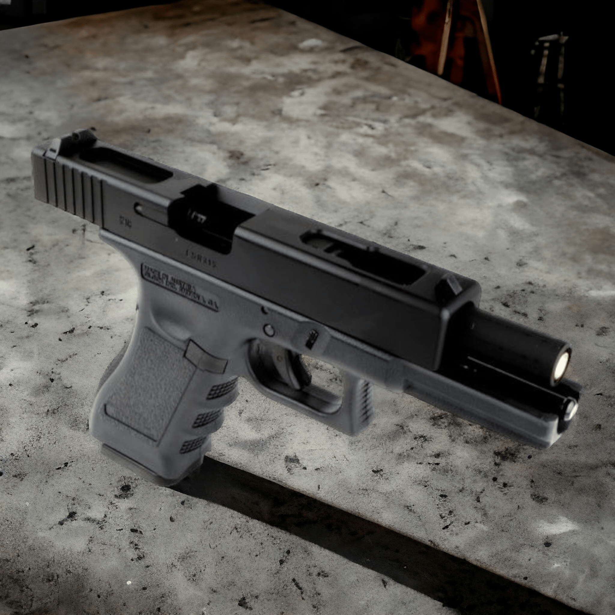 WE Tech G18C Gas Blow Back Full Auto Gel Blaster Pistol in black on a textured surface.