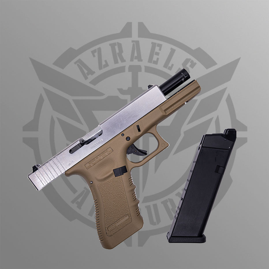We Tech G17 Tan and Chrome gas blow back pistol