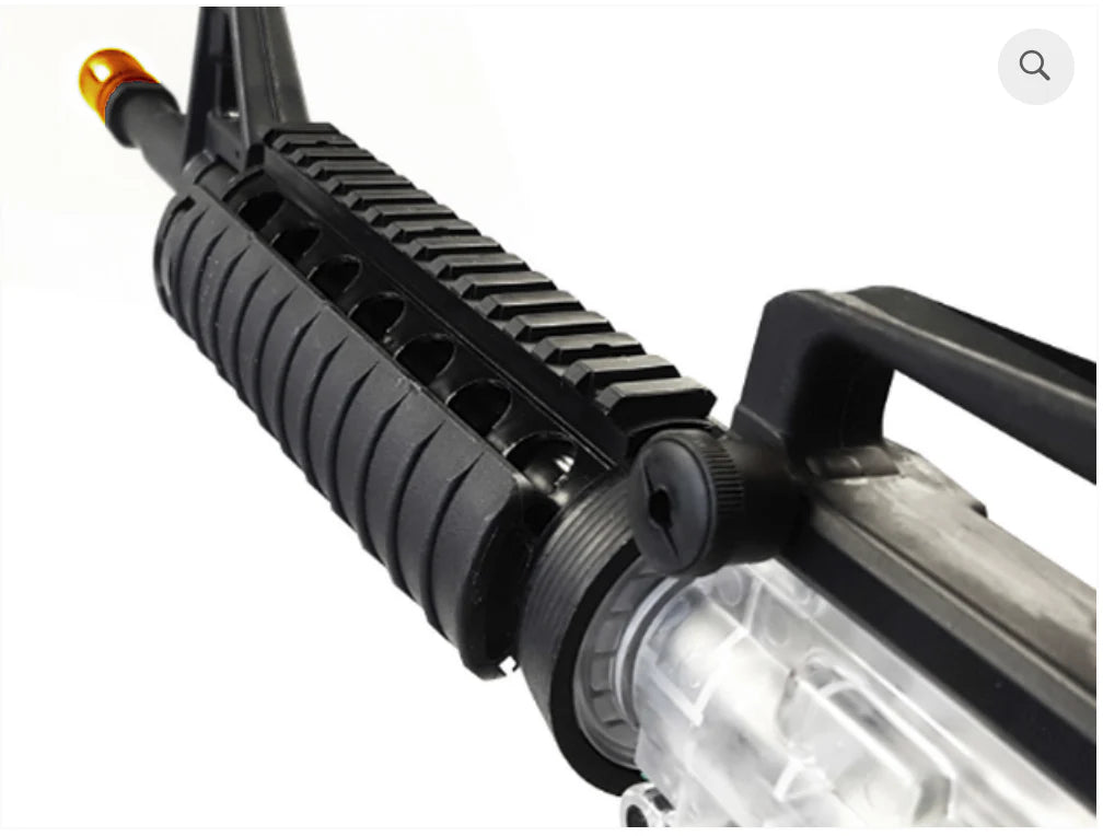 Close-up of the Wells M4 M4101 gel blaster's durable nylon casing and rail system for accessories.