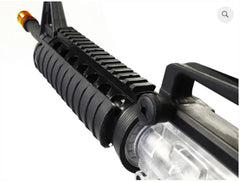 Close-up of the Wells M4 M4101 gel blaster's durable nylon casing and rail system for accessories.