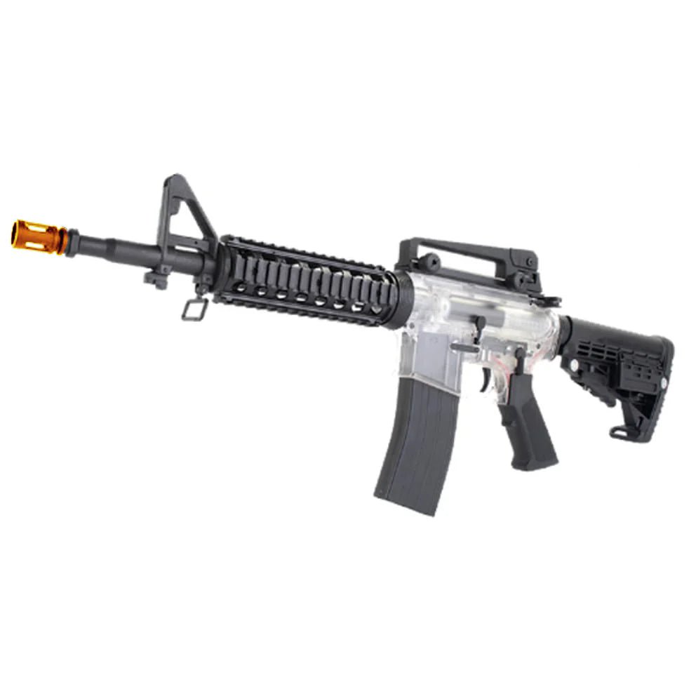 Wells M4 M4101 gel blaster assault rifle with clear nylon casing and magazine fed design.